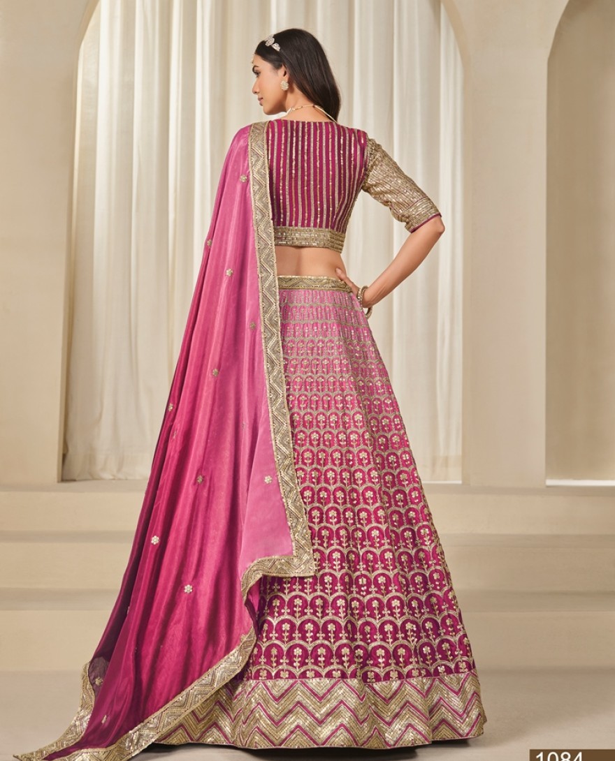 1084-pink - Chinon Trendy Lehenga Choli in Rose Pink with Embroidered Work for Women